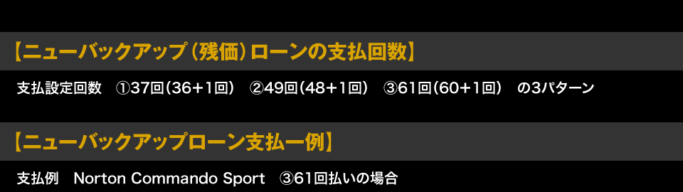 【ニューバックアップ（残価）ローンの支払回数】支払設定回数　①37回（36＋1回）　②49回（48＋1回）　③61回（60＋1回）　の3パターン 【ニューバックアップローン支払一例】支払例　Norton Commando Sport　③61回払いの場合