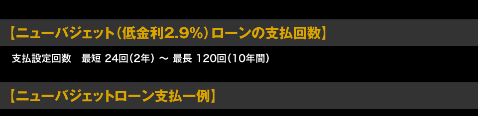 【ニューバジェット（低金利2.9％）ローンの支払回数】 　　支払設定回数　　最短　24回（2年）　～　最長　120回（10年間）